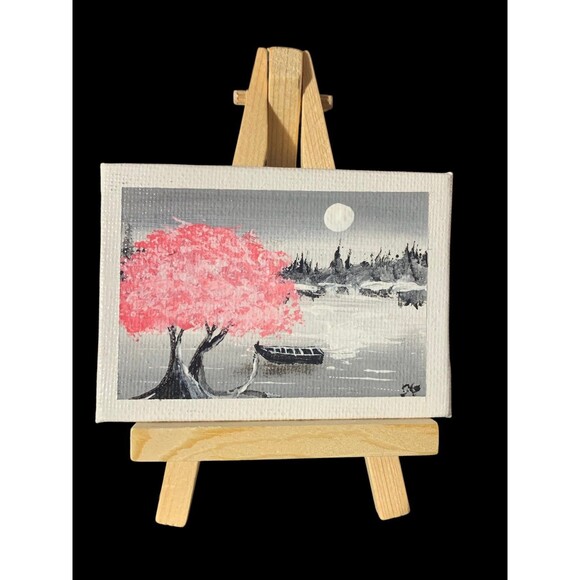 Enchanting Miniature Landscape: Pink Tree & Moonlight (Acrylic on Easel) - Picture 1 of 1